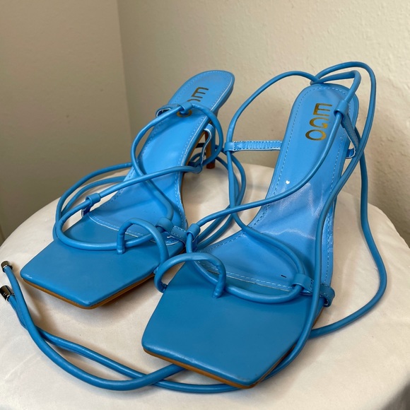 Blue Strappy Wrap Sandal Heels - Picture 1 of 4
